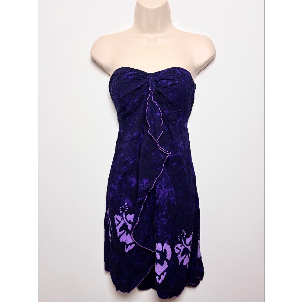 Vtg Y2K Deep Purple Hibiscus Print Strapless Dress Beach Coverup